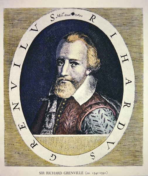 Sir Richard Grenville (farve litho) af Theodore de (after) Bry