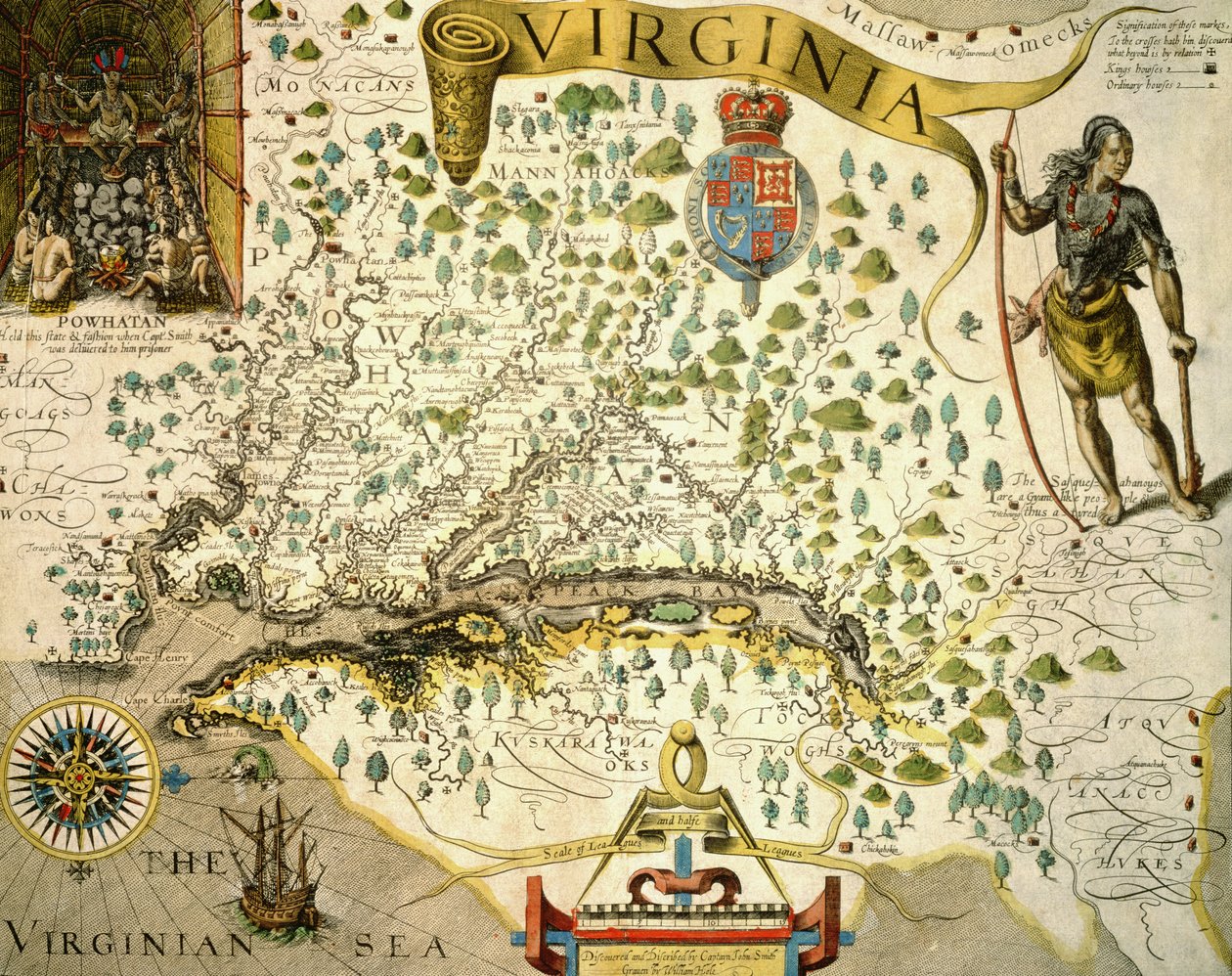 Sloane MS 1622 Kort over Virginia, der i øverste venstre hånd viser et billede af Chief Powhatan af John Smith (1580-1631) 1624 (håndfarvet gravering) af Theodore de (after) Bry