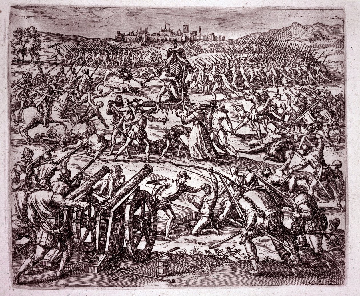 En dominikansk munk, der føler sig hånet af inka-kongen Atahualpa (Atabaliba), opfordrer Francisco Pizarro til at søge hævn (gravering) af Theodore de Bry