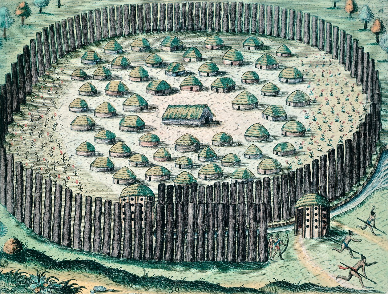 En befæstet indisk landsby, Illustration fra The Discourse of Florida, af Theodore de Bry, gravering af Theodore de Bry
