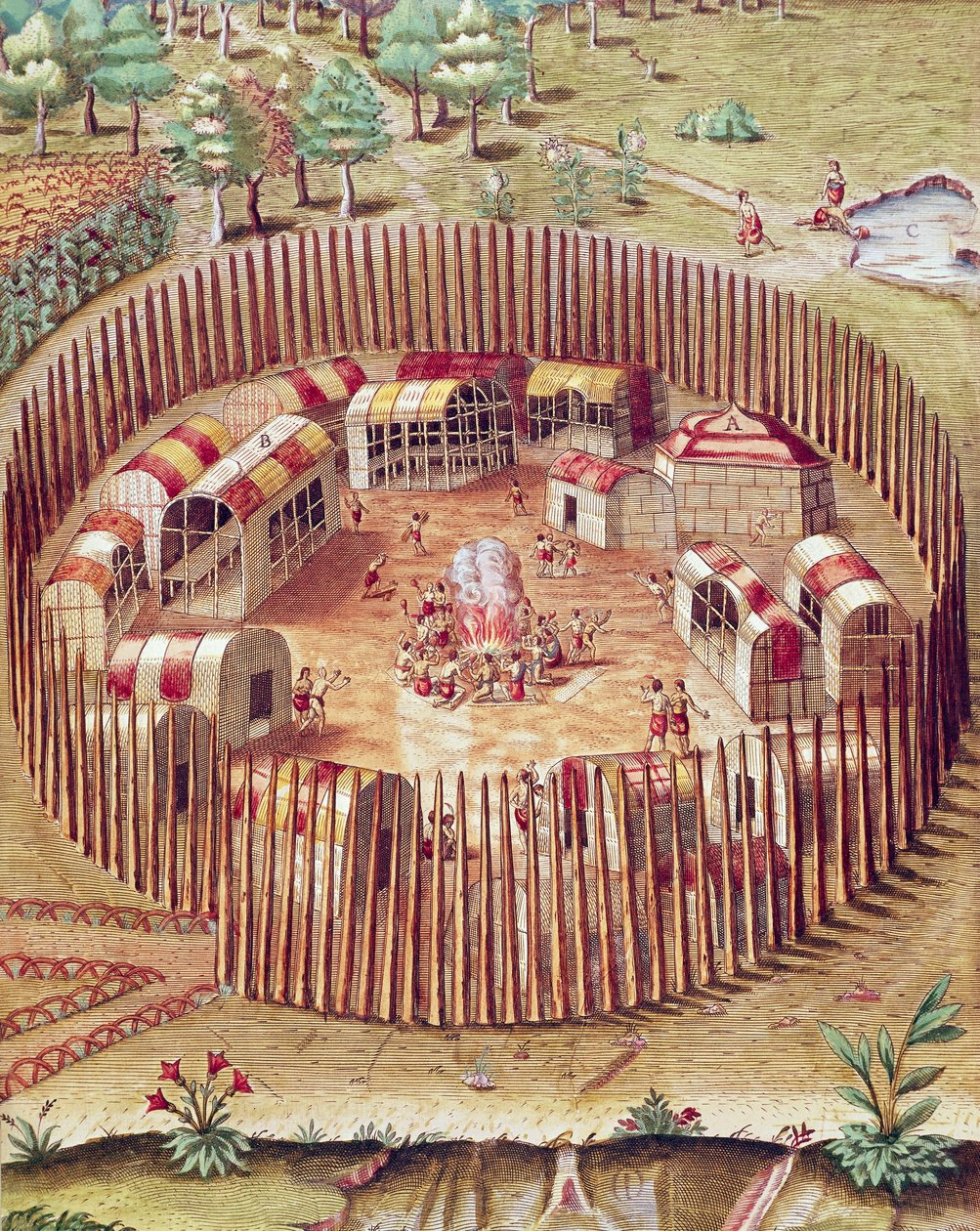 En Pomeiok indisk befæstet landsby, Illustration fra Admiranda Narratio, af Theodore De Bry af Theodore de Bry