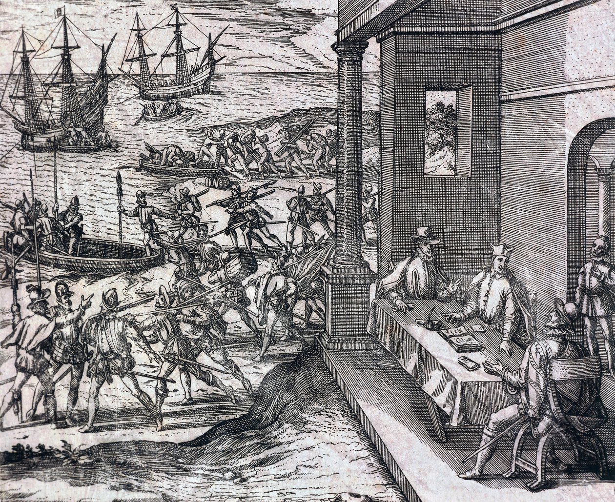 Aftale mellem Francisco Pizarro, Diego de Almagro og Hernando de Luque om at udforske og udnytte Peru af Theodore de Bry