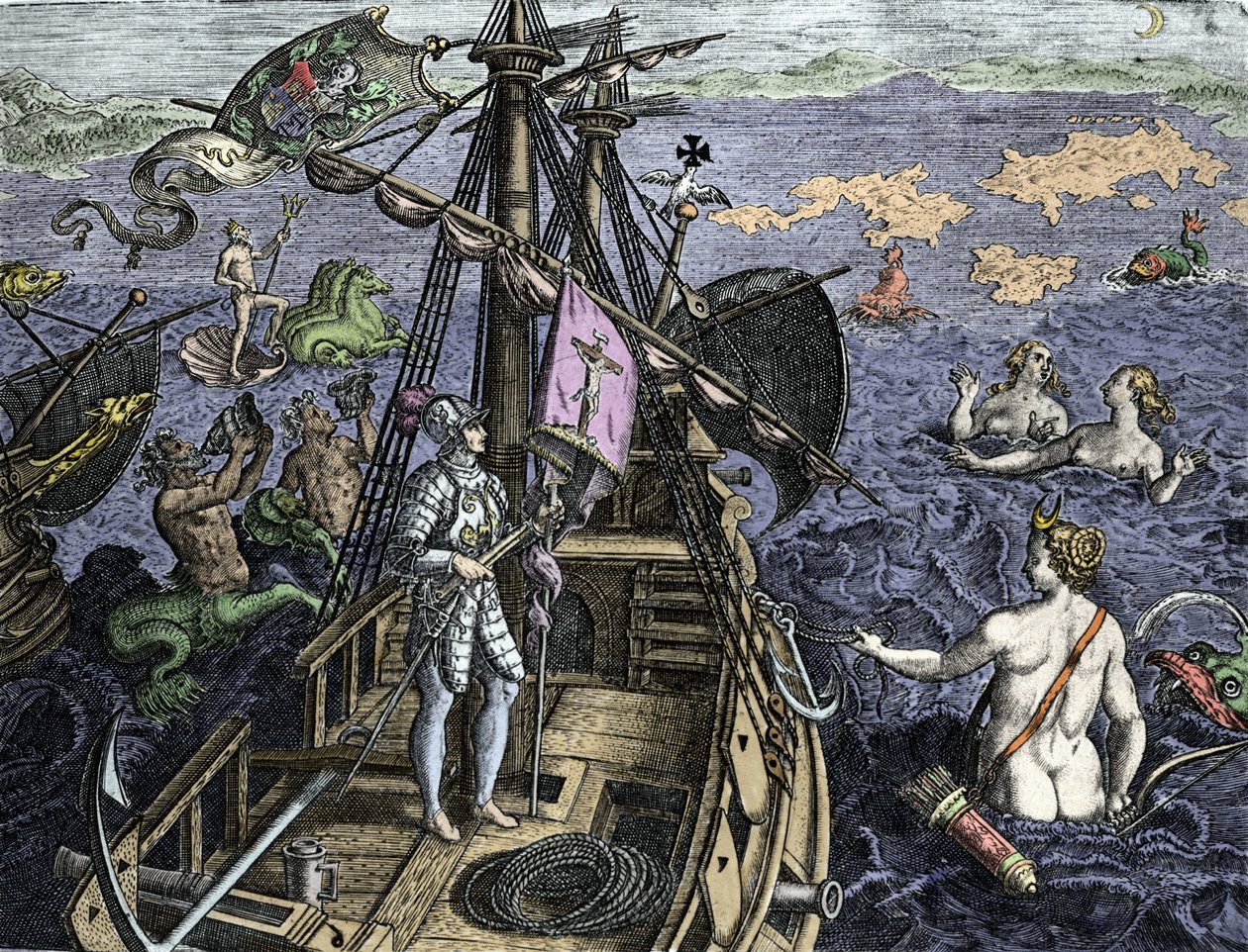 Allegorie des voyages af Christopher Columbus (1451-1506), gravering fra "Historia America sive Novi Orbis" af Theodor de Bry (1527-1598), Amsterdam 1594 af Theodore de Bry