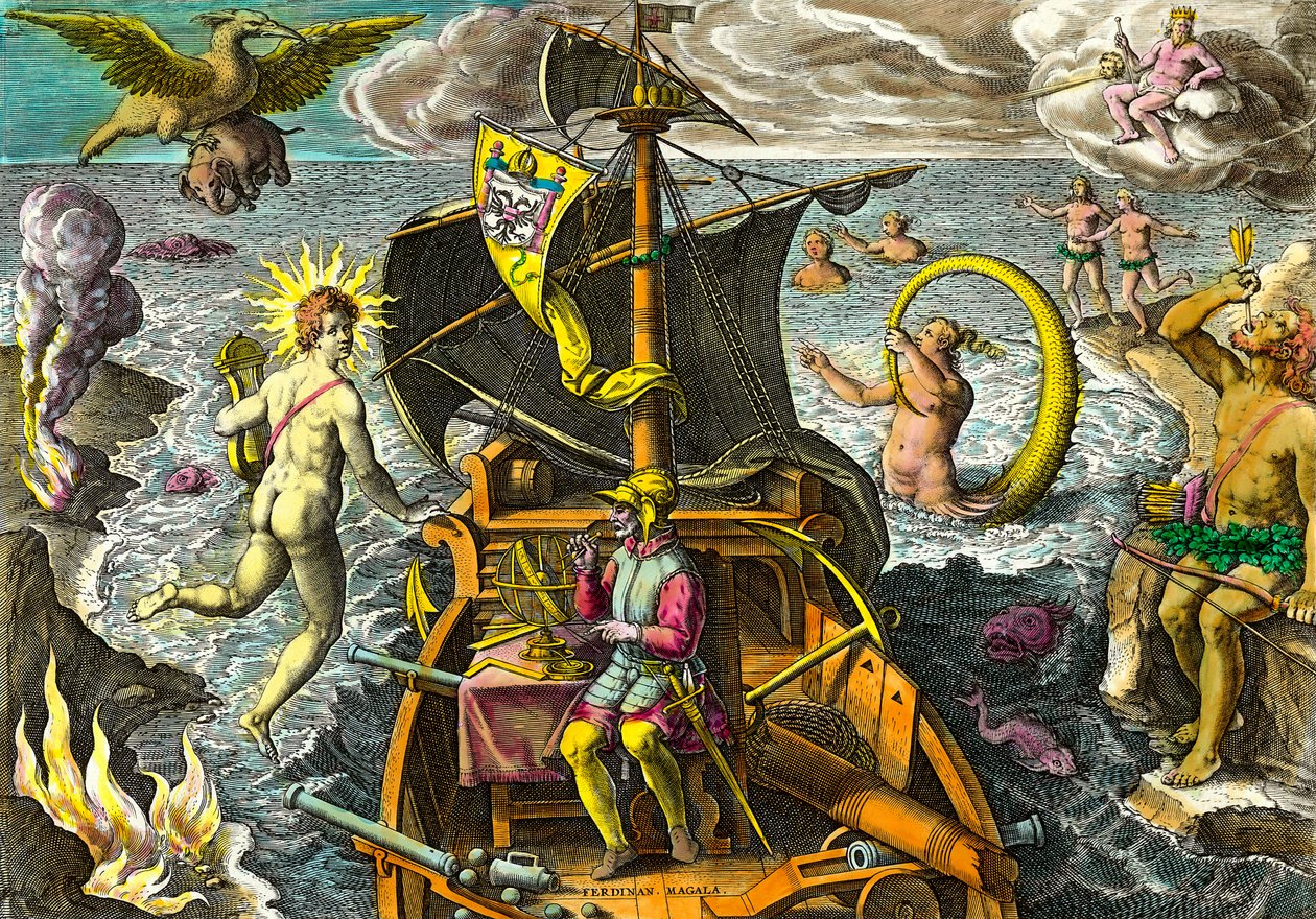 Allegori om navigatøren Fernand de Magellans (1480-1521) rejser, skildrer på sit skib ved hjælp af en armillarkugle og omgiver mytologiske karakterer og fantastiske dyr. Gravering fra "Admirante Narratio Americae"" af Theodore de Bry (1528-159) af Theodore de Bry