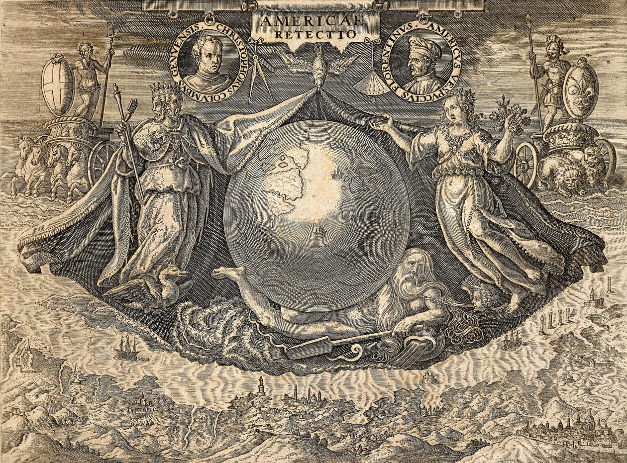 Allegori over Vestindien eller Amerika, med portrætter af navigatører Christopher Columbus og Amerigo Vespucci af Theodore de Bry