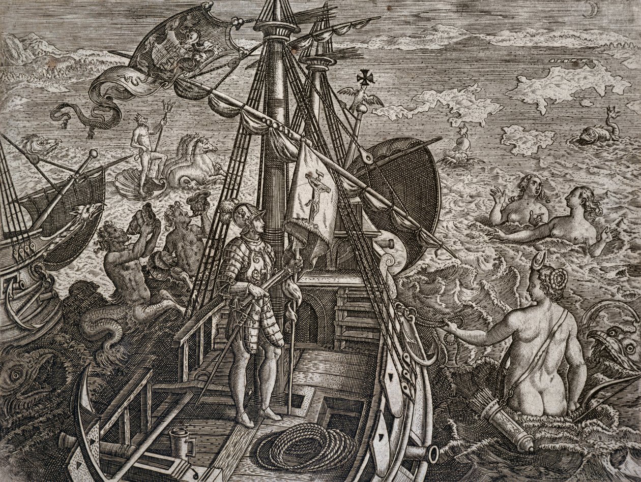 Allegori om Christopher Columbus rejse til opdagelsen af den nye verden, gravering af Theodor de Bry (1528-1598) af Theodore de Bry