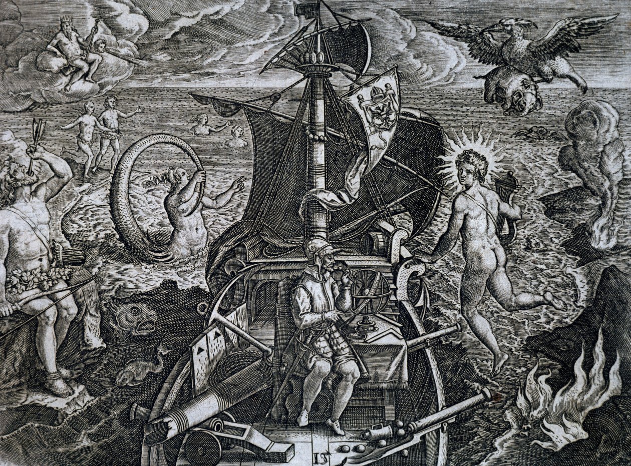 Allegori over Ferdinand Magellans (1480-1521) rejser, gravering af Theodor de Bry (1528-1598) af Theodore de Bry