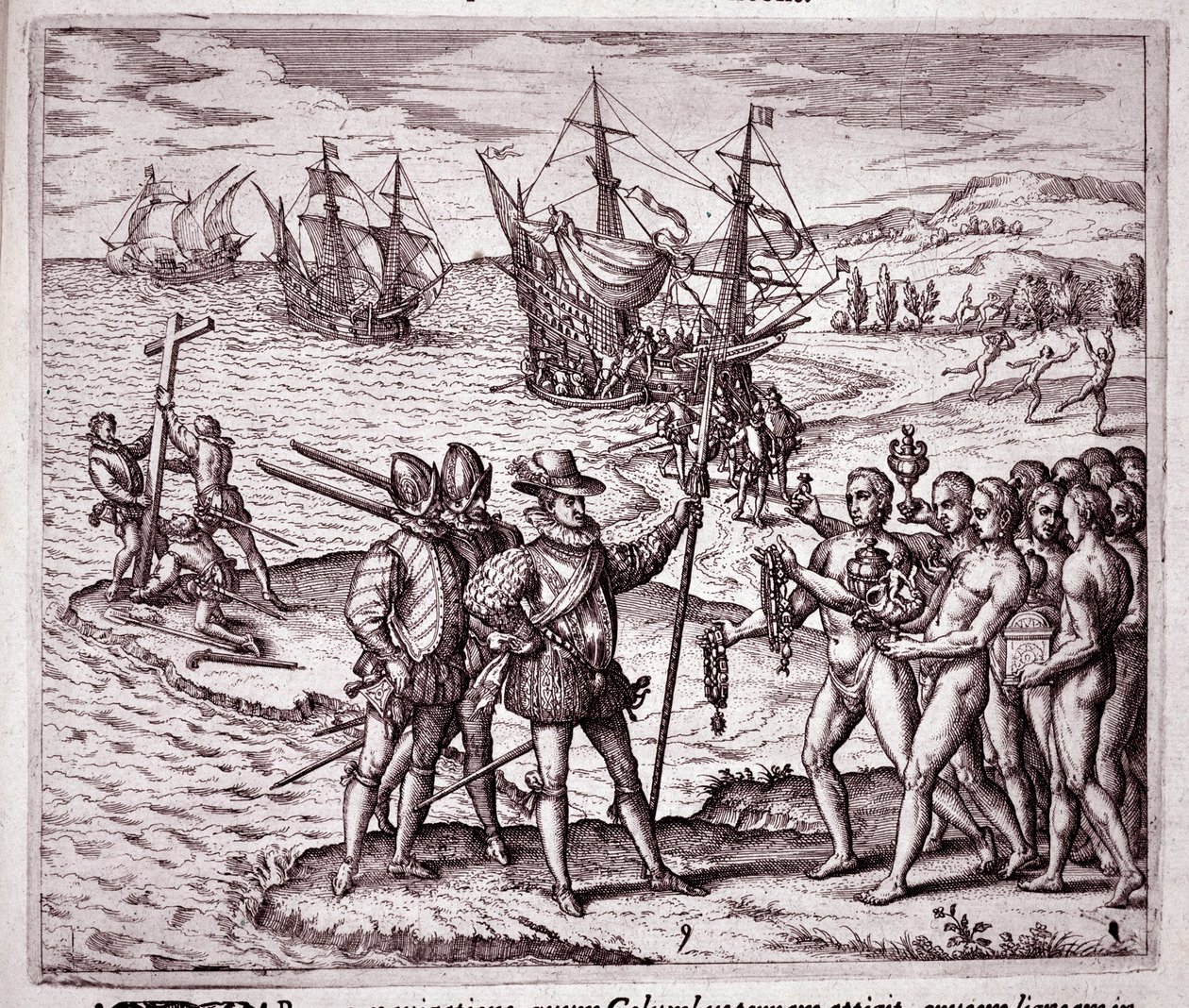 Ankomst af Christopher Columbus på øen Hispaniola i Vestindien (gravering af Theodore de Bry