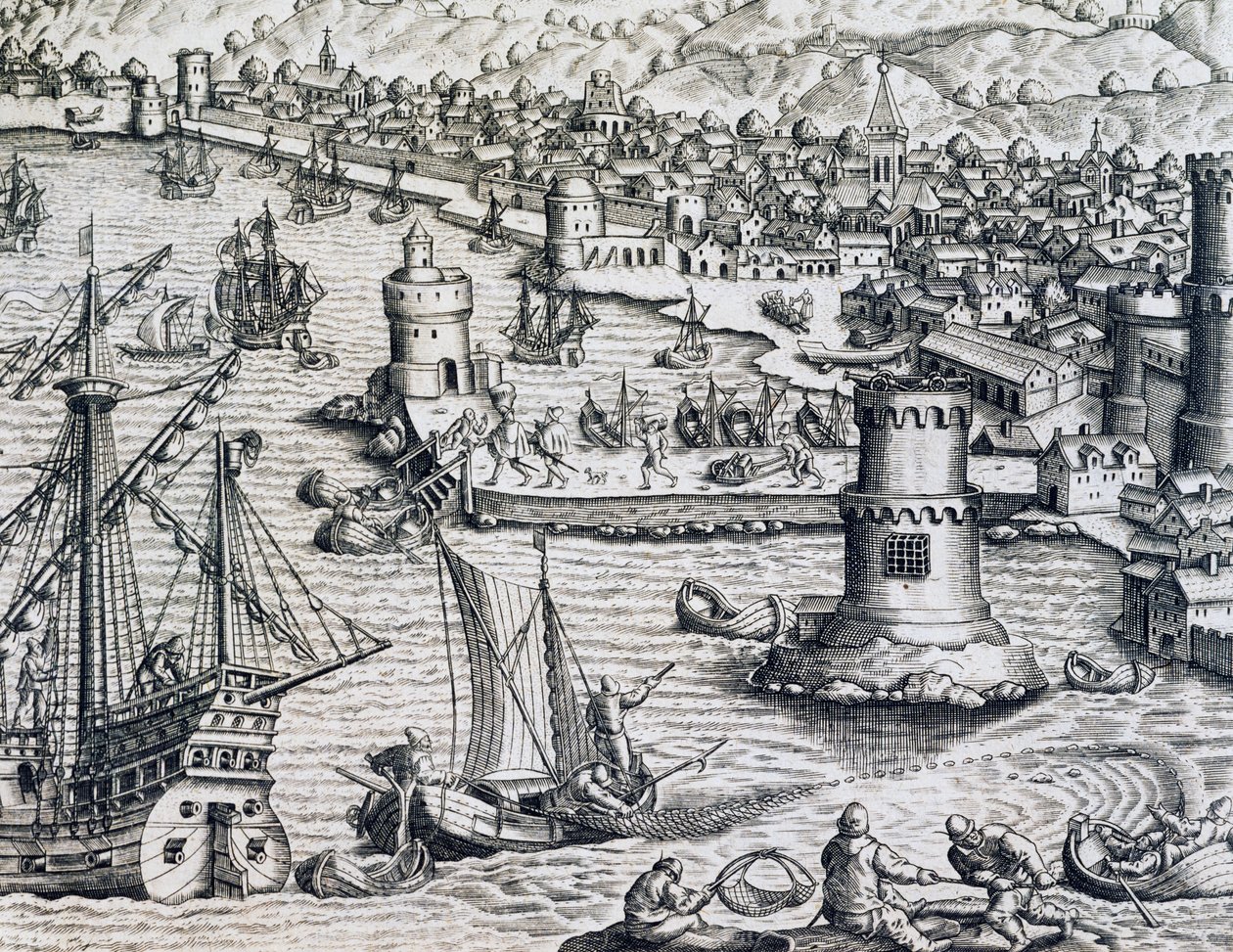 Ankomst af Girolamo Benzoni i havnen i La Palma, gravering fra Historia Americae, af Theodor de Bry (1528-1598), Frankfurt af Theodore de Bry