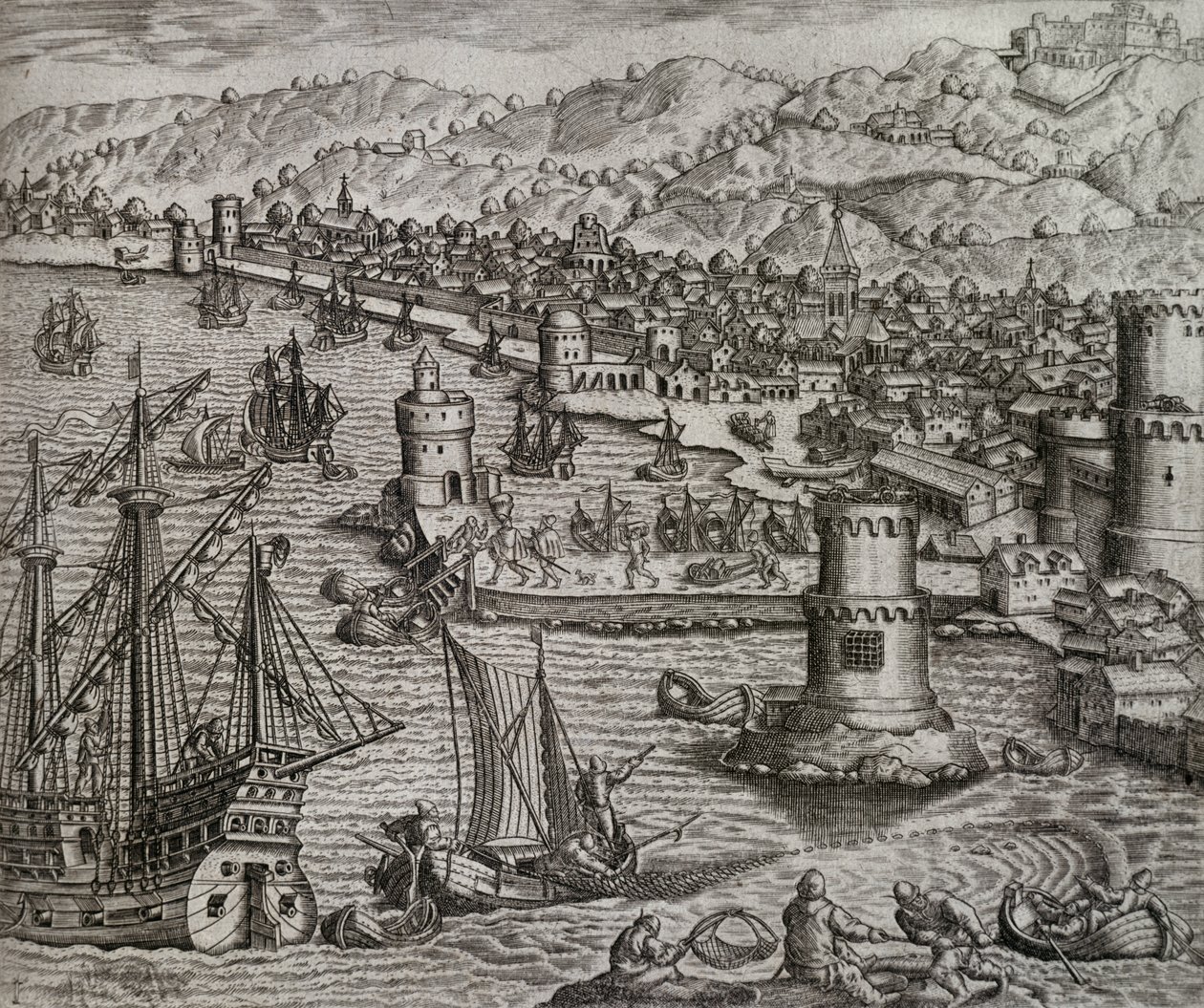 Girolamo Benzonis ankomst til havnen i Las Palmas under hans rejse til Amerika (1541), De Kanariske Øer, gravering af Theodor de Bry (1528-1598) af Theodore de Bry