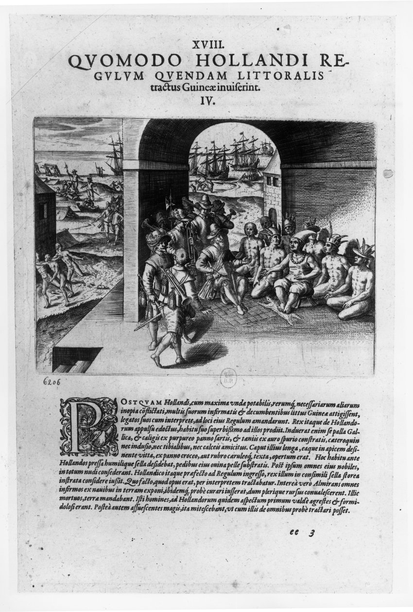 De hollandske lederes ankomst til Guinea: Forhandlingen om køb af slaver bestemt til at blive solgt tilbage til de spanske conquistadorer, fra "Petits Voyages", 1585-88 af Theodore de Bry