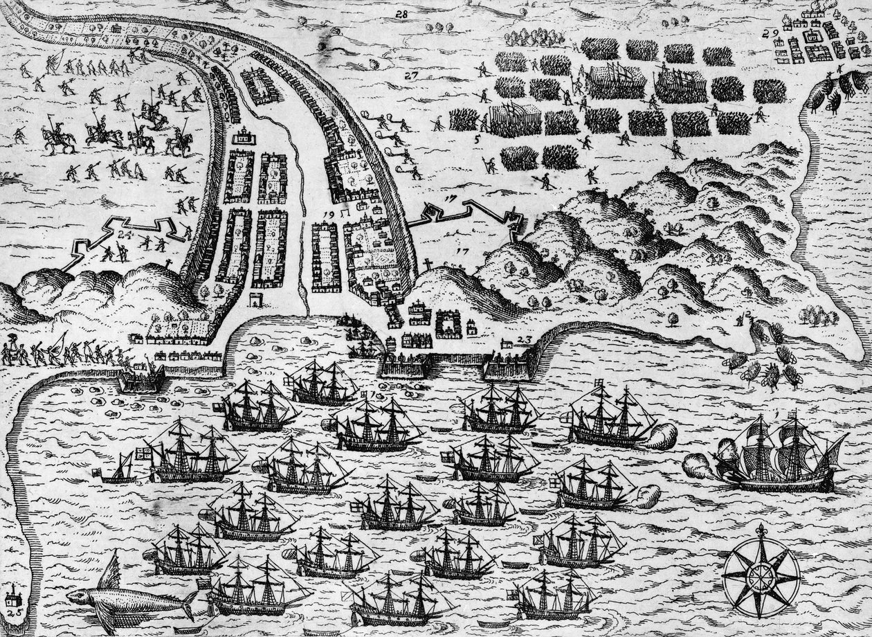 Angreb på Santiago den 27. november 1585 (gravering) af Theodore de Bry
