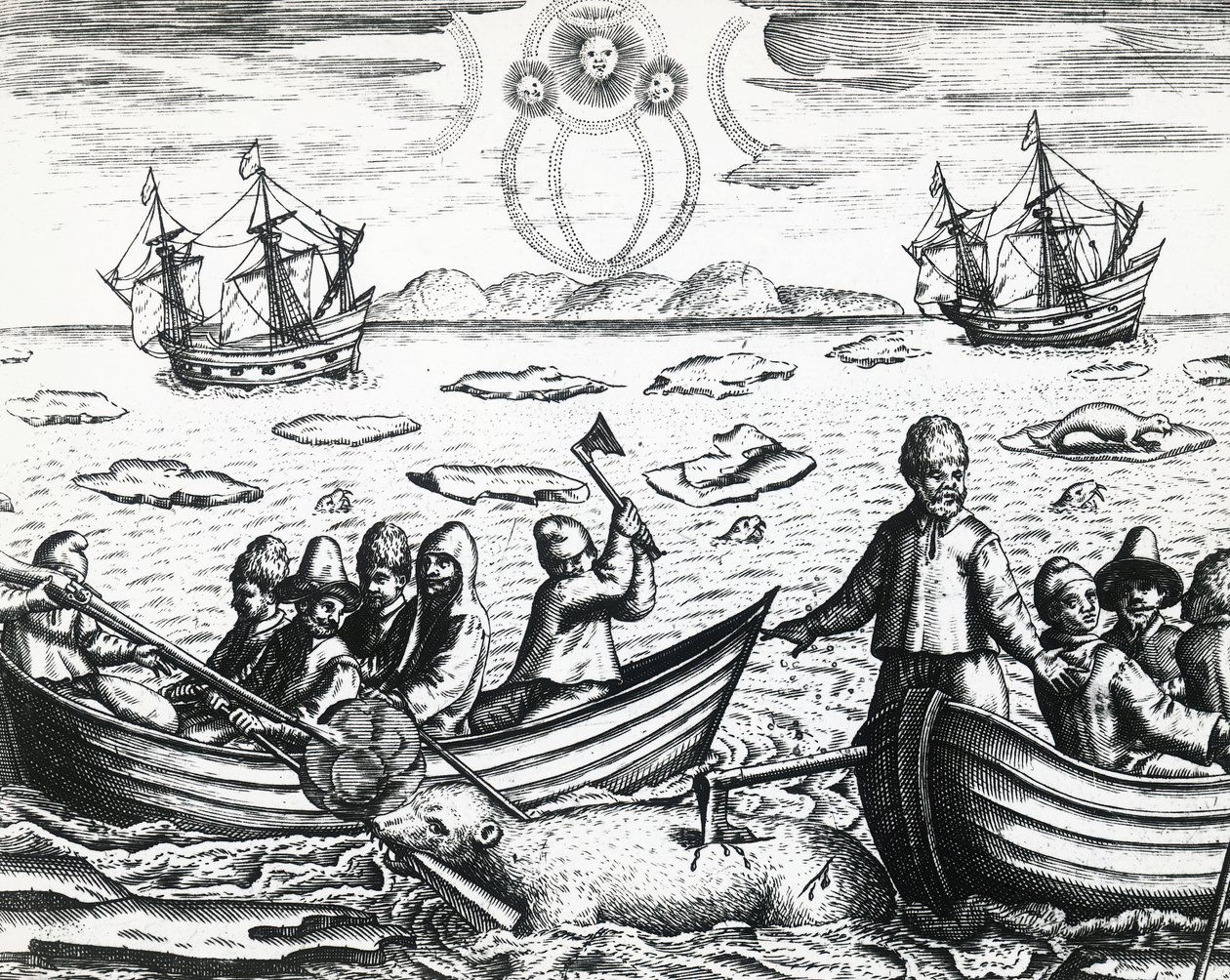 Aurora borealis og hvidbjørnejagt under tredje ekspedition ledet af William Barents (ca. 1550-1597) på jagt efter Nordøstpassagen i 1596, af Theodor de Bry (1528-1598), gravering af Theodore de Bry