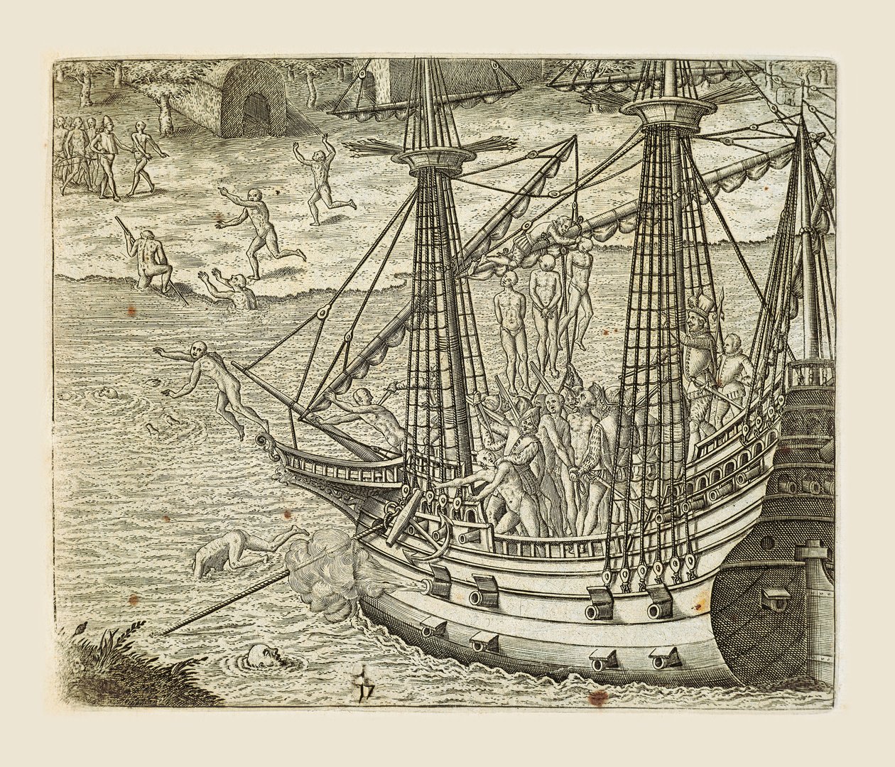 Bartolomeo Diaz hænger nogle indianere på karavel, gravering af Theodor de Bry (1528-1598) fra Amerika af Theodore de Bry