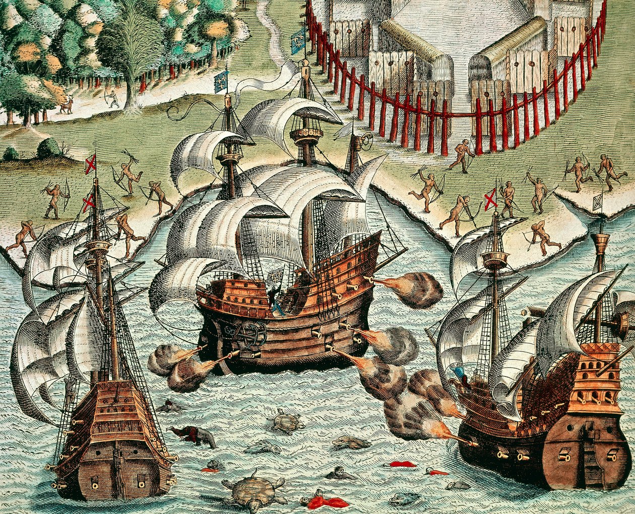Kamp mellem franskmændene og portugiserne ud for Buttugar af Theodore de Bry