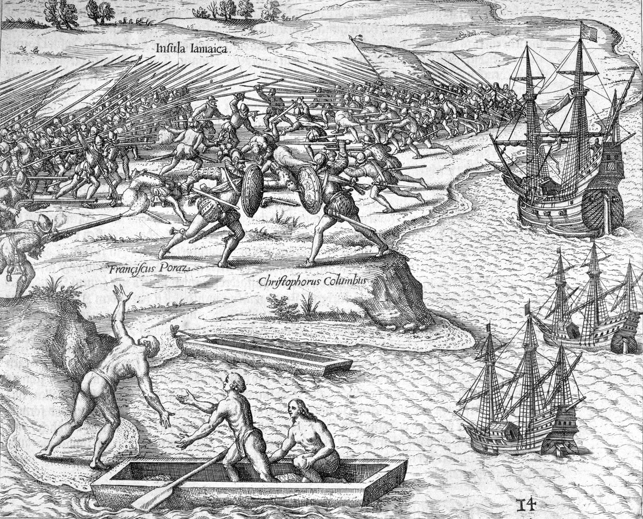 Slaget på Jamaica mellem Christopher Columbus og Francisco Poraz, 1504 1631 af Theodore de Bry