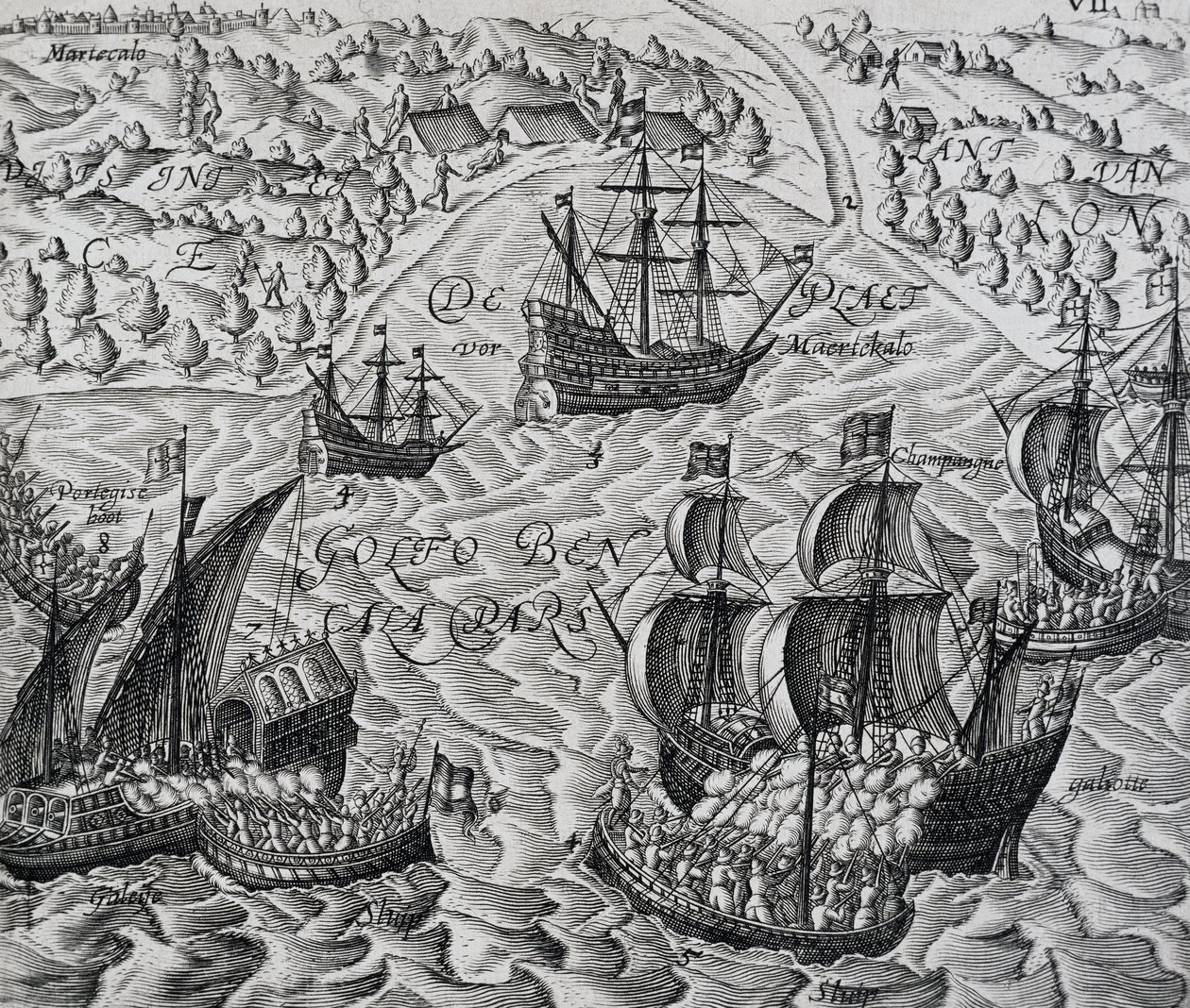 Slag foran byen Matical i Den Bengalske Bugt, gravering fra Indiae Orientalis, af Theodor de Bry (1528-1598) af Theodore de Bry