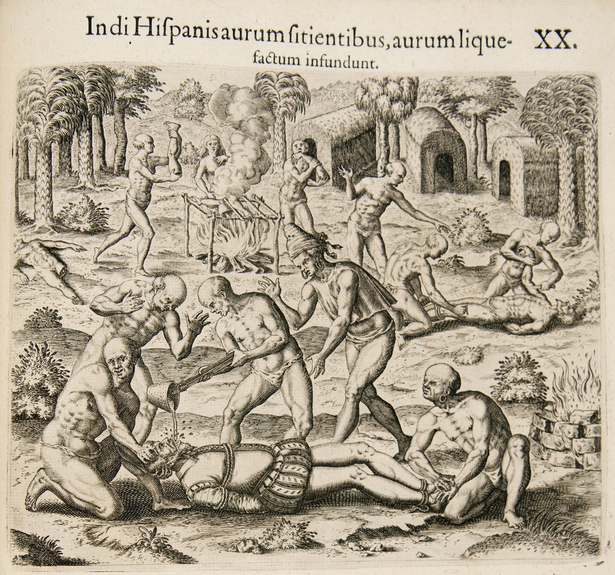 Fordi spanierne tørster efter guld, hælder indianerne flydende guld i dem. Fra: Americae pars qv af Theodore de Bry