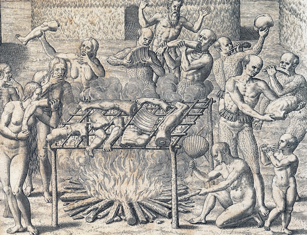 Kannibalisme af stammer i det indre af Brasilien, gravering fra amerikansk historie af Theodore de Bry (1528-1598), Frankfurt, Sydamerika af Theodore de Bry