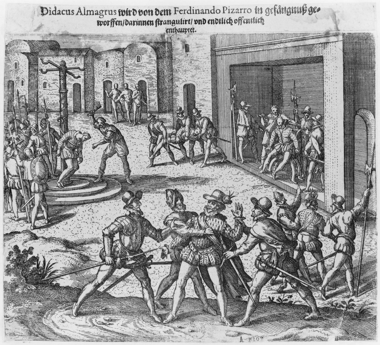 Tilfangetagelse, retssag og henrettelse af Diego de Almagro efter ordre fra Francisco Pizarro af Theodore de Bry