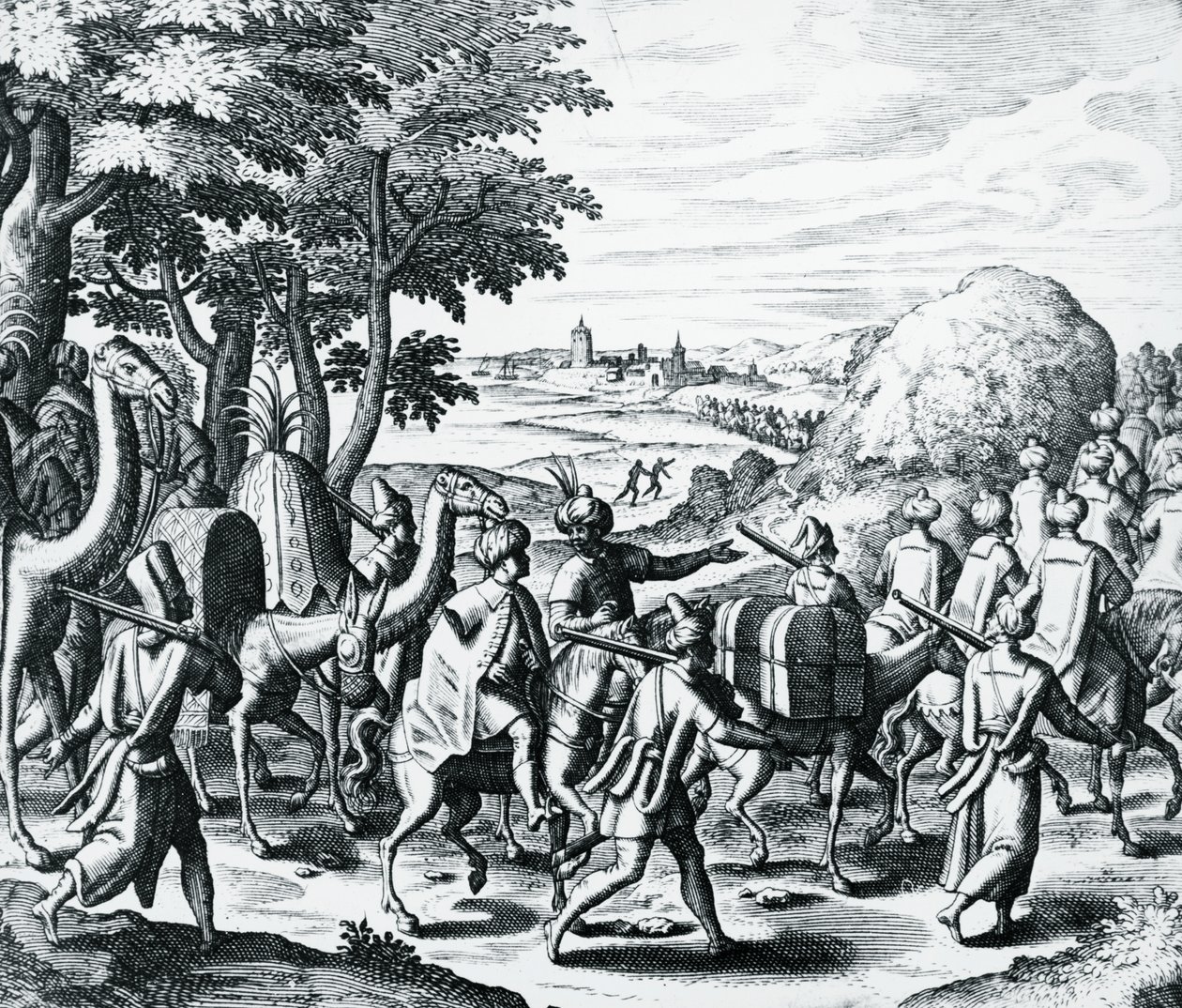 Karavane af arabiske købmænd, der rejser fra Aleppo til Basra, gravering fra Grands and Petits Voyages, af Theodor de Bry (1528-1598), Mellemøsten af Theodore de Bry
