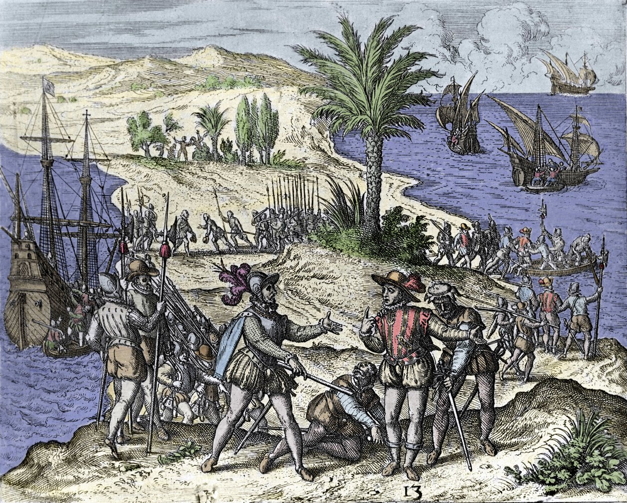 Christopher Columbus og hans bror blev arresteret af Francisco de Bobadilla i 1500. Indgravering af Théodore de Bry (1528-1598). af Theodore de Bry