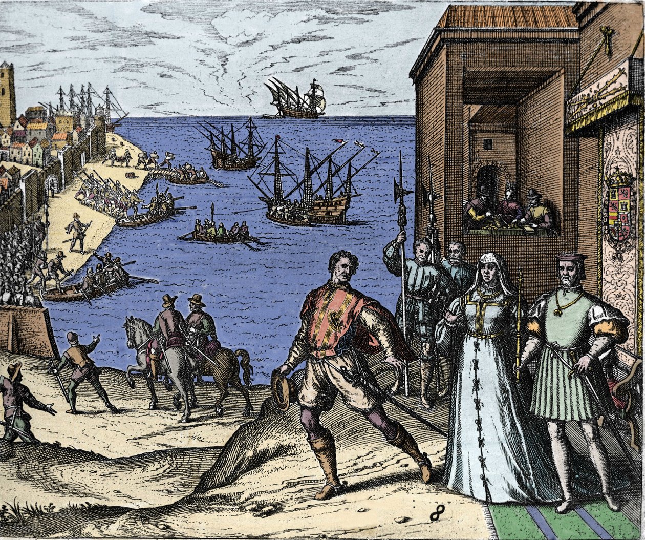 Christopher Columbus og Pinzon-brødrene forlader havnen i Palos i Spanien den 03/08/1492 til den nye verden. Til højre Kongen og dronningen af Portugal katolske Ferdinand II af Aragon og Isabella Iere af Castilien. Indgravering af Theodore de Bry i "" Admi af Theodore de Bry