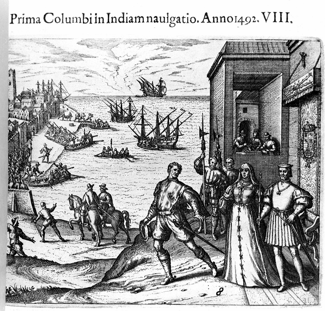 Christopher Columbus og Pinzon-brødrene forlader havnen i Palos i Spanien den 03/08/1492 til den nye verden. Til højre Kongen og dronningen af Portugal katolske Ferdinand II af Aragon og Isabella Iere af Castilien. Gravering af Theodore de Bry i "" Admiran af Theodore de Bry