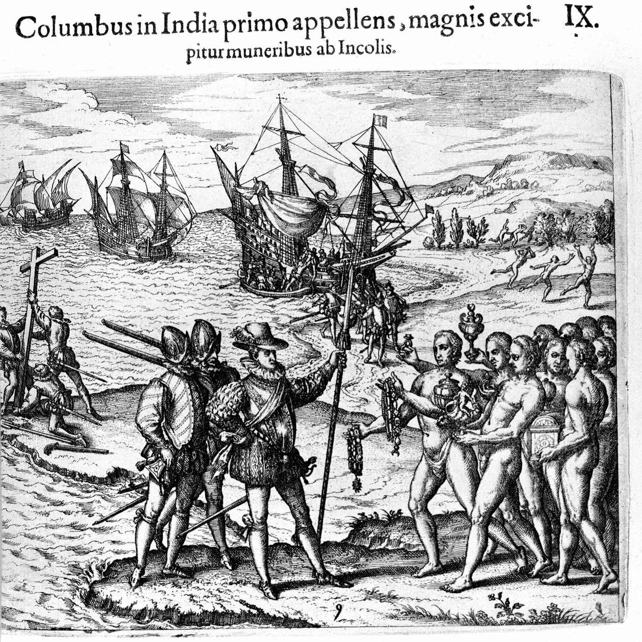 Christopher Columbus ankommer til Vestindien. Gravering af Theodore de Bry i "" Admirante Narratio - Americae"" af Theodore de Bry