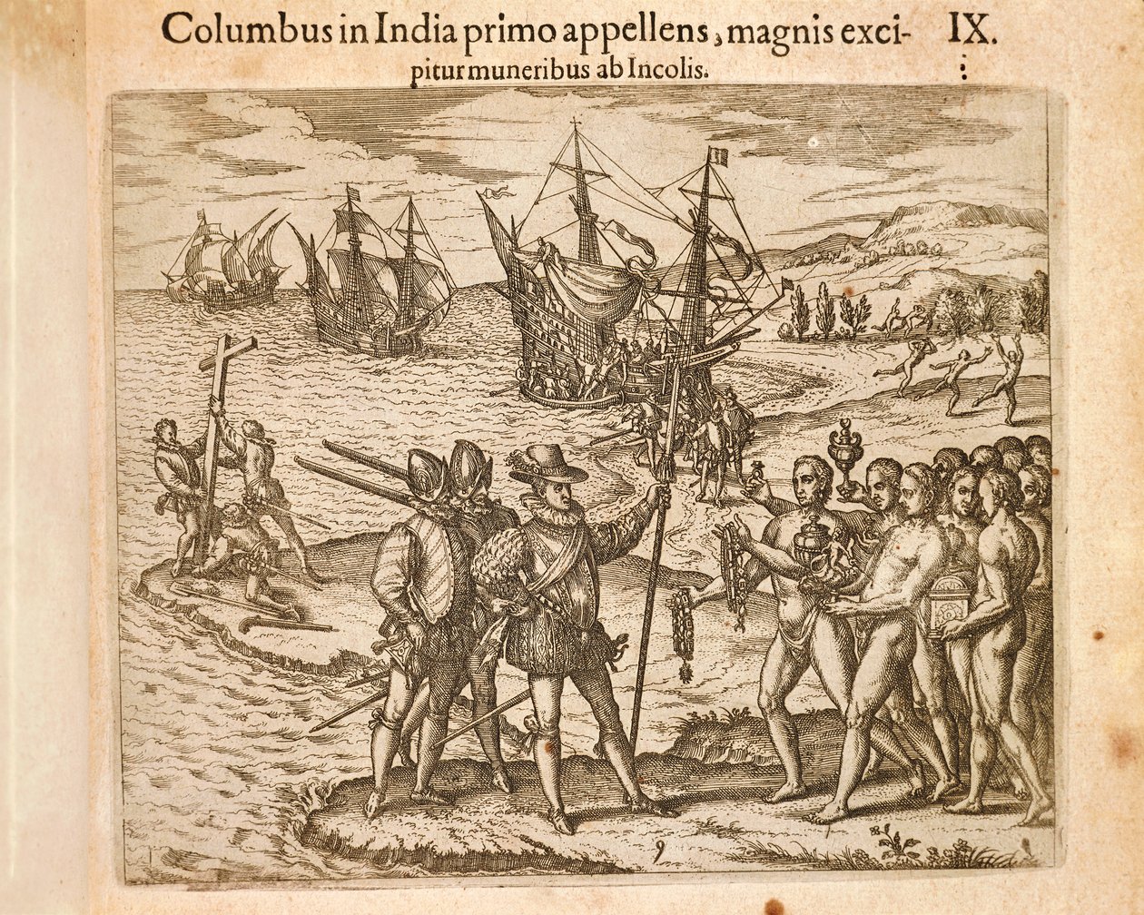 Christopher Columbus lander på øen Guanahani (San Salvador) 12. oktober af Theodore de Bry