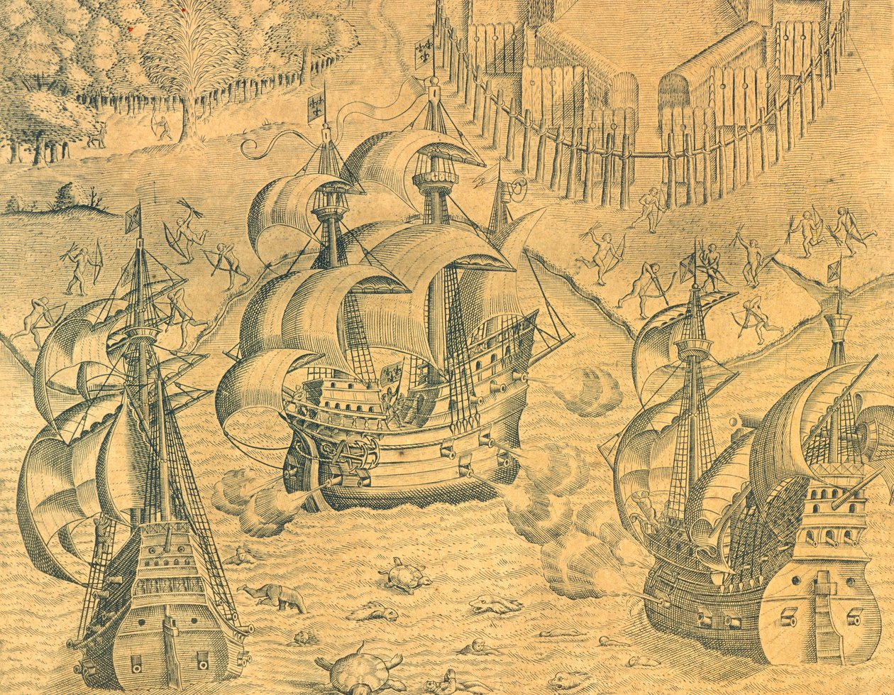 Sammenstød mellem franske og portugisiske skibe i Atlanterhavet for besiddelse af Brasilien, Illustration fra amerikansk historie af Theodore de Bry af Theodore de Bry