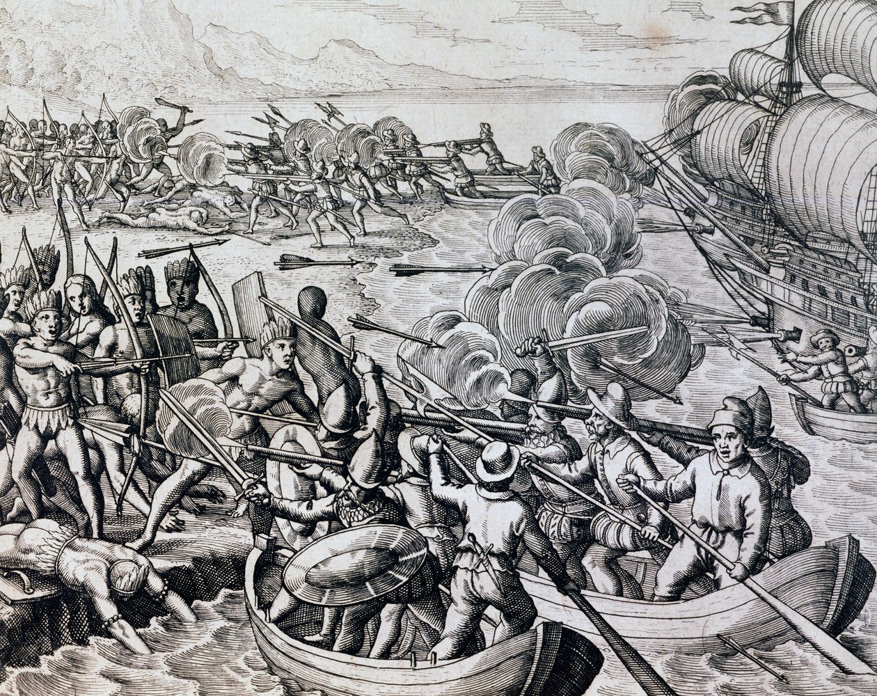 Sammenstød mellem indfødte indianere og spanske tropper, gravering fra Historia Americae, af Theodor de Bry (1528-1598), Frankfurt af Theodore de Bry