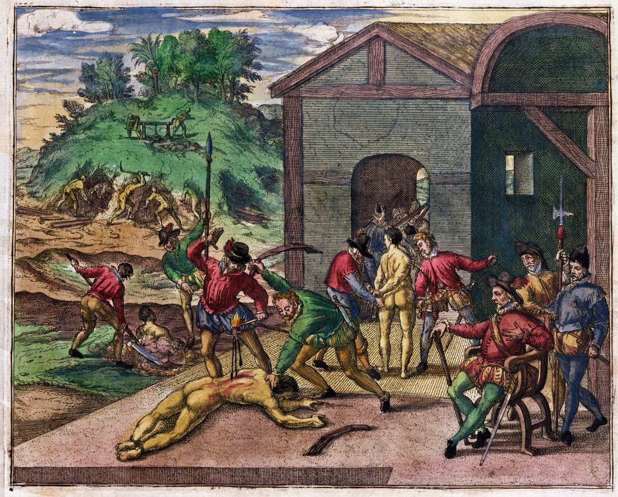 De spanske kolonisters grusomhed mod indianerne, Mexico, ca. 1550 af Theodore de Bry