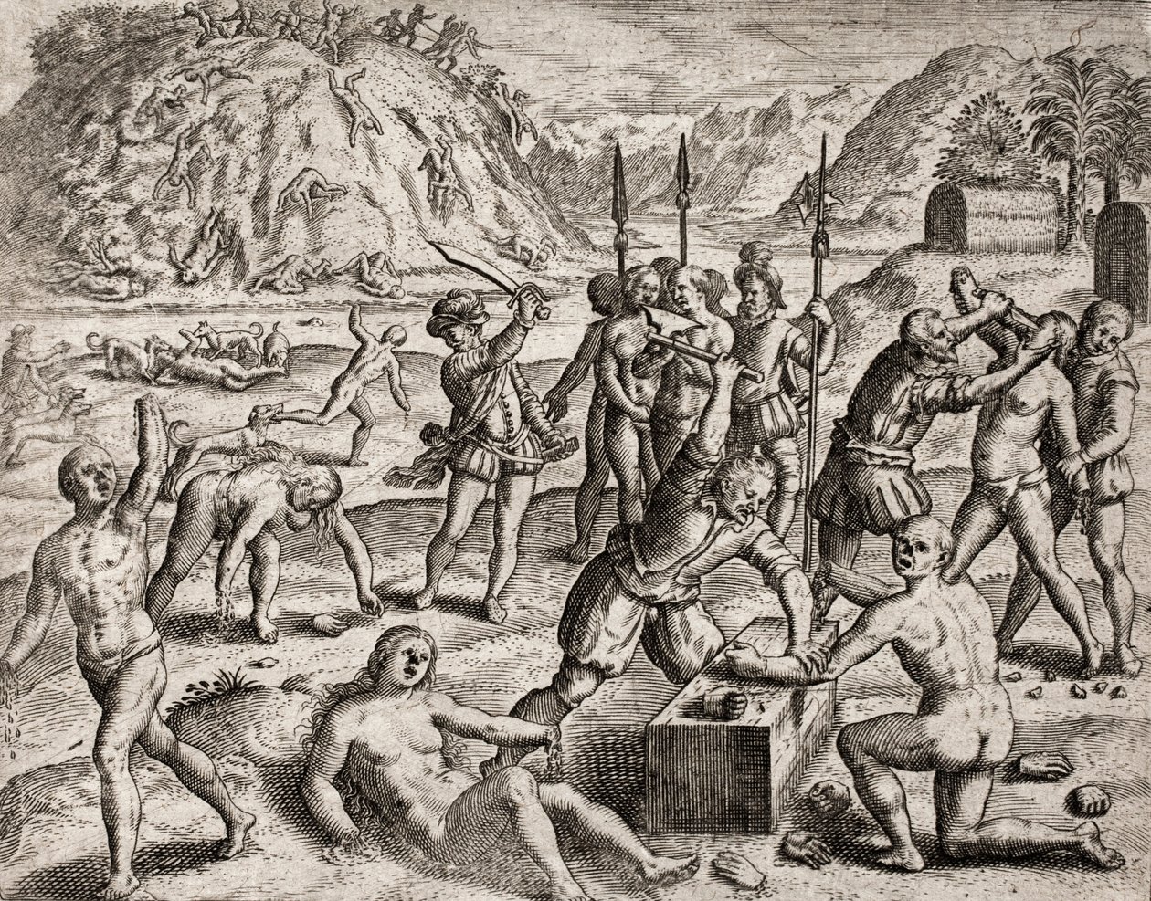 Beskrivelse af forbrydelser påført indianere af spanske bosættere - Conquistadorer massakrerer en indisk landsby. Amputations des mains - Indgravering af Theodore de Bry i "Fortællingen om nogle af de mest henrivende indianere af spanierne" af Bartolome d. af Theodore de Bry