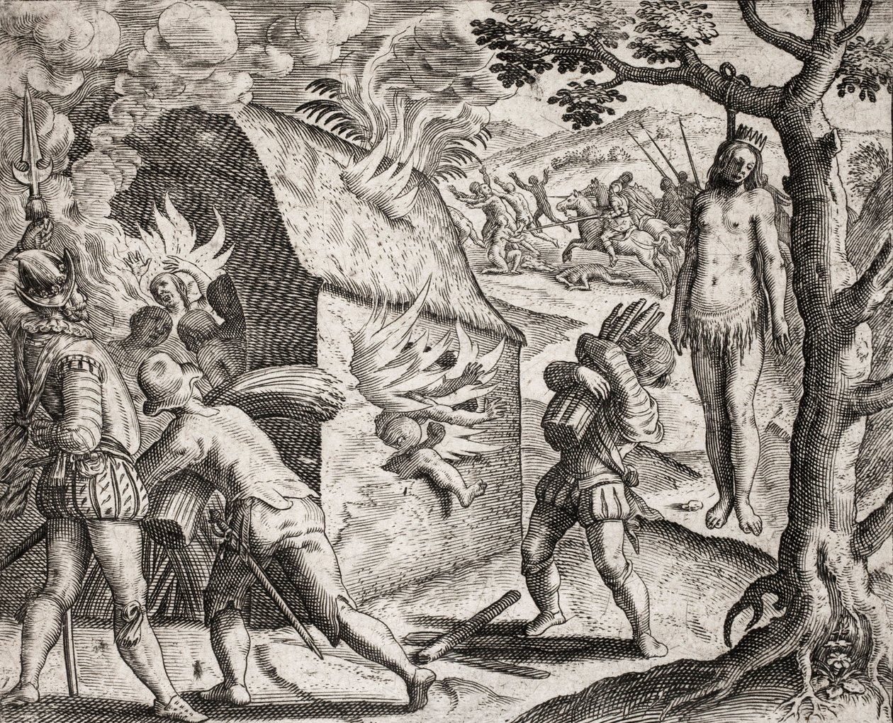 Beskrivelse af forbrydelser påført indianere af spanske bosættere - Brand i en indianerlandsby af conquistadorerne. Hanging - Indgravering af Theodore de Bry i "Den sandeste historie om nogle af de ødelagte spaniere" af Bartolome de las Casa af Theodore de Bry