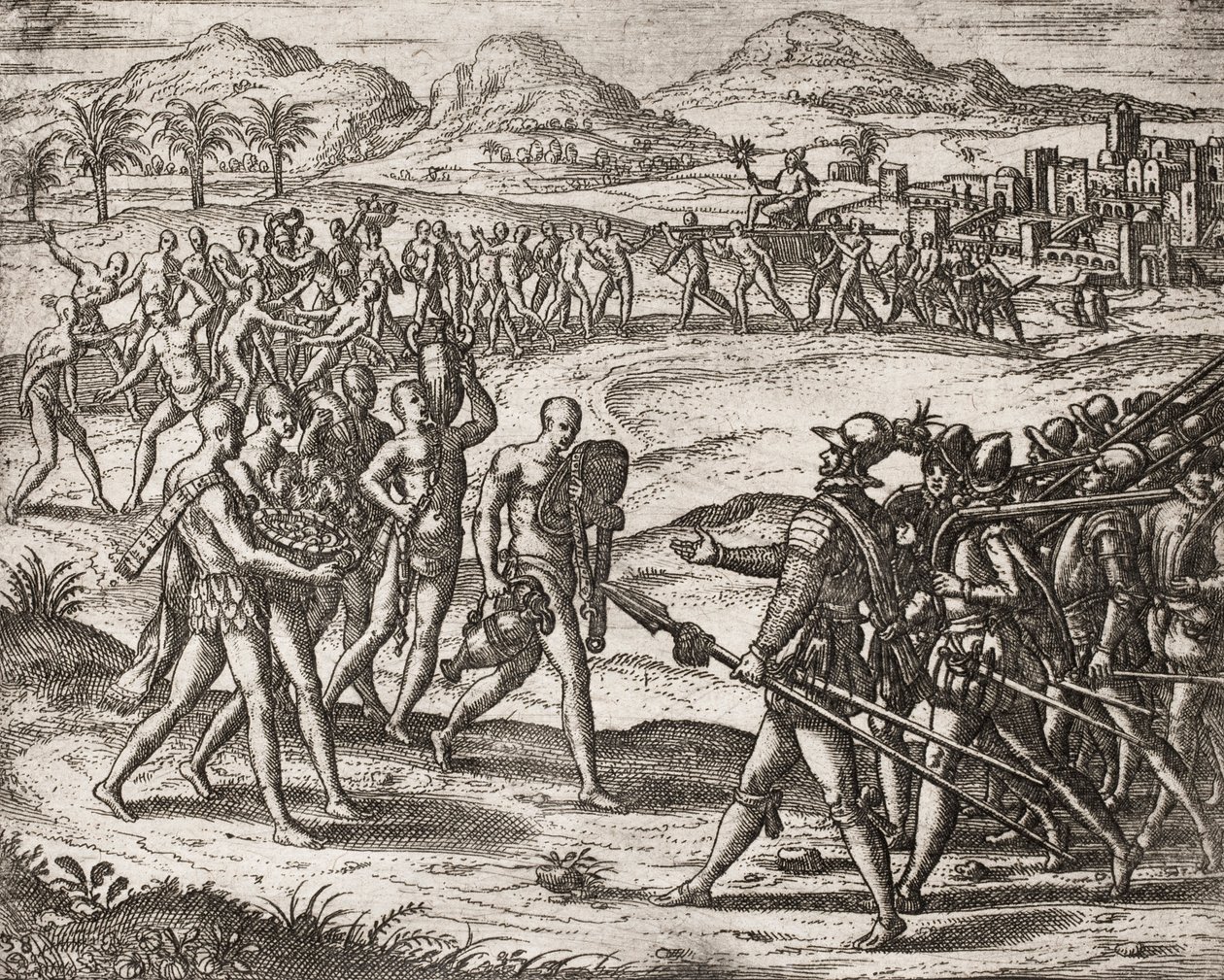 Beskrivelse af forbrydelser påført indianere af spanske bosættere - indianere bringer gaver og guld til conquistadorerne - gravering af Theodore de Bry i " "historien om nogle af de ødelagte spanske spaniere af Theodore de Bry
