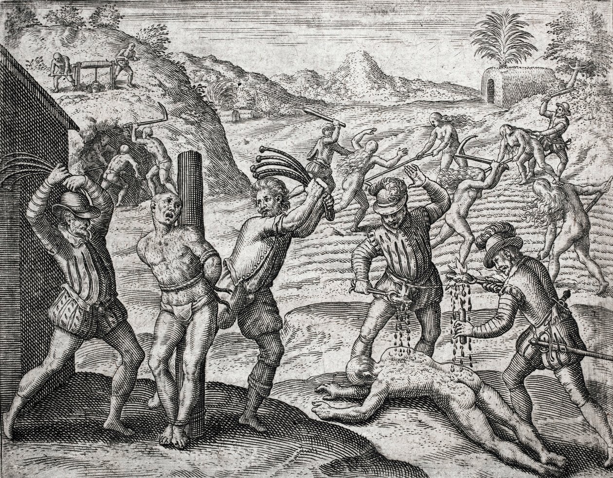 Beskrivelse af forbrydelser påført indianere af spanske bosættere - Spaniere, der torturerer indianere - Indgravering af Theodore de Bry i "Brevisima Relacion de la Destruction de las Indias"" af Bartolome de las Casas (1484-1566) af Theodore de Bry