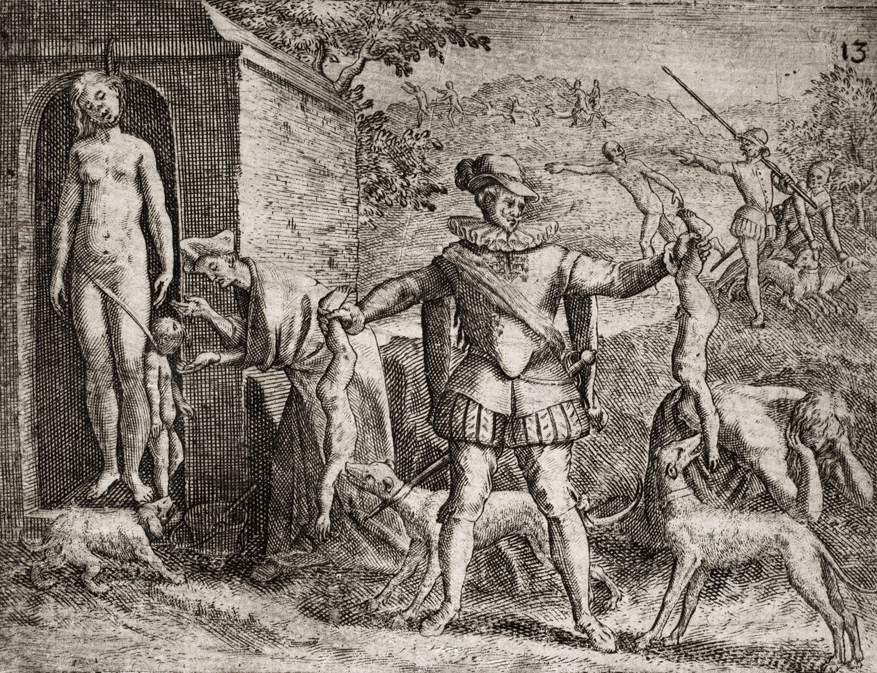 Beskrivelse af forbrydelser påført indianere af spanske bosættere - Spanske conquistadorer massakrerer indiske kvinder og børn. Hængende. Children jetes aux chiens - Gravering af Theodore de Bry i "" Narratio regionum indicarum per Hispanos quosdam devasta af Theodore de Bry