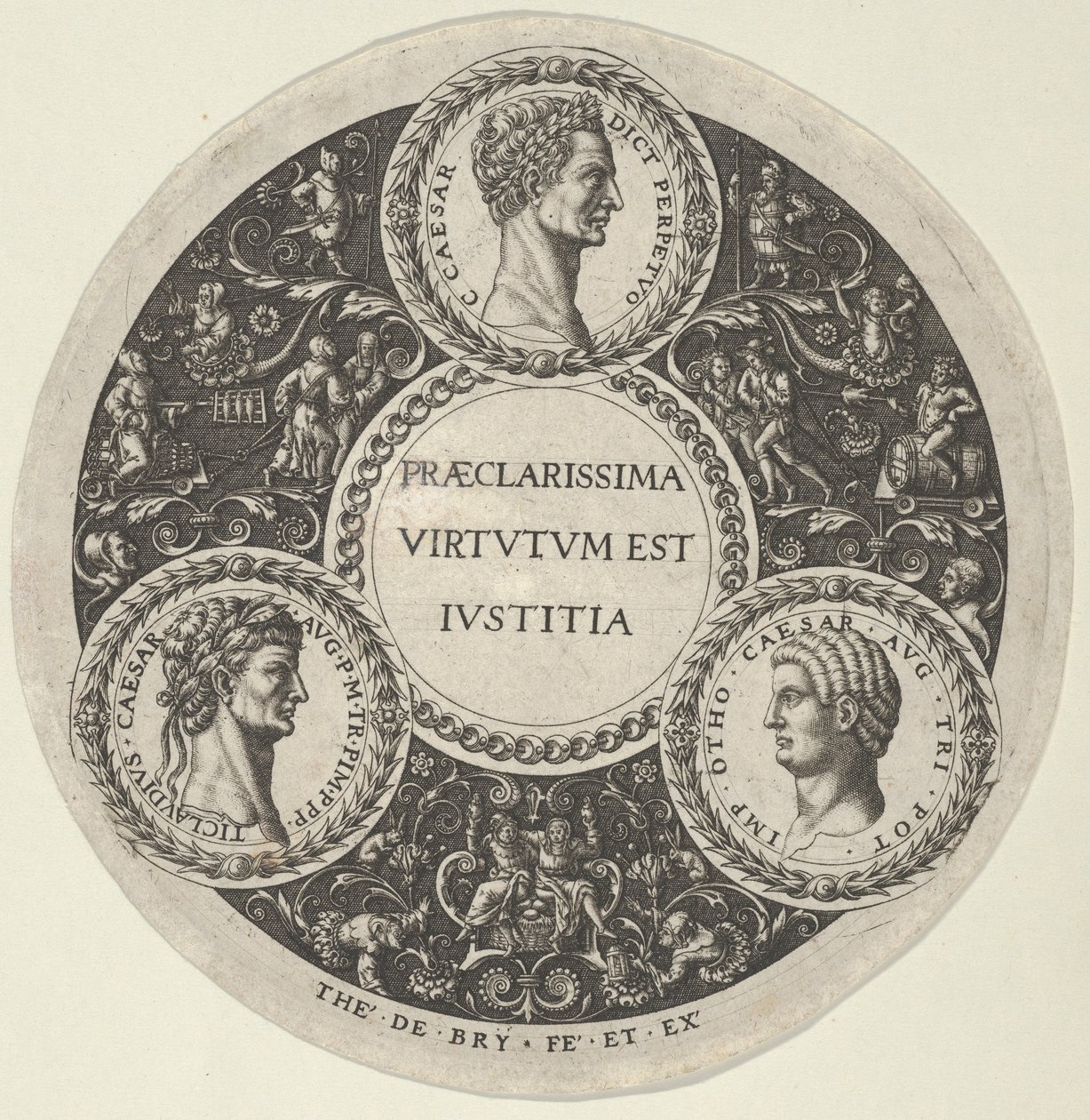 Design til et fad med portrætter af de romerske kejsere Cæsar, Claudius og Otho, ca...., ca. 1588. af Theodore de Bry