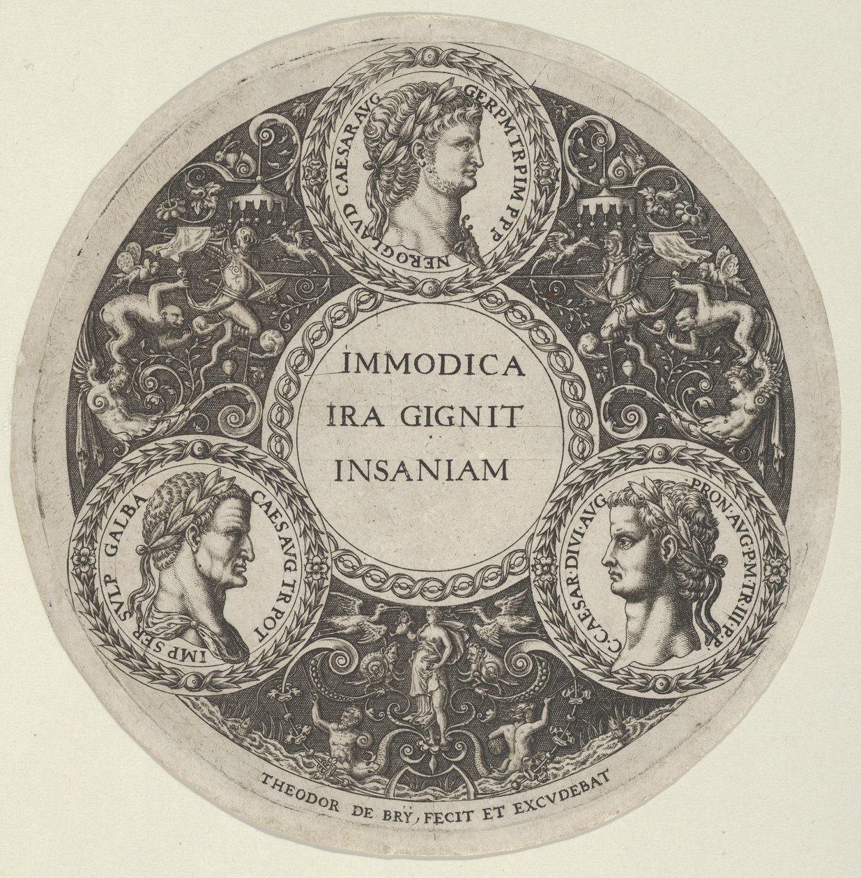 Design til et fad med portrætter af de romerske kejsere Nero, Galba og Caligula, ca. ..., ca. 1588. af Theodore de Bry