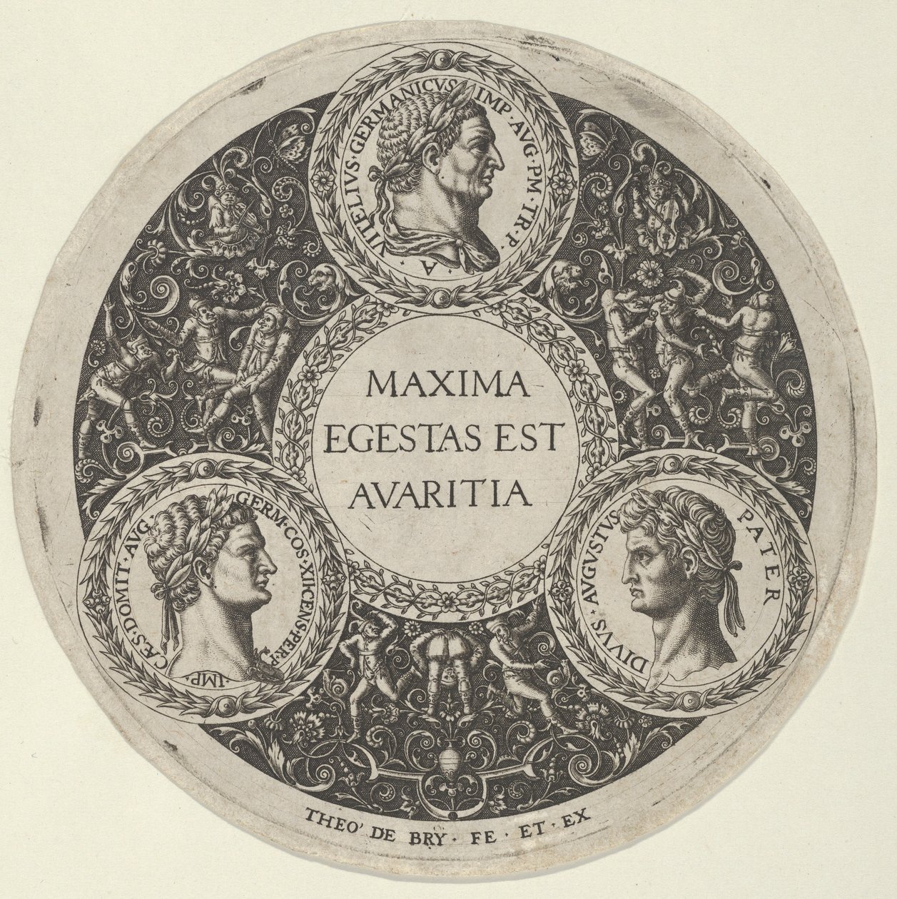 Design til et fad med portrætter af de romerske kejsere Vitellius, Domitian og August..., ca. 1588. af Theodore de Bry