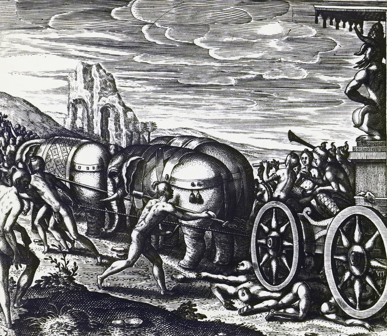 Hengivne bliver knust af vogn under procession af idol, af Theodor de Bry (1528-1598), gravering af Theodore de Bry