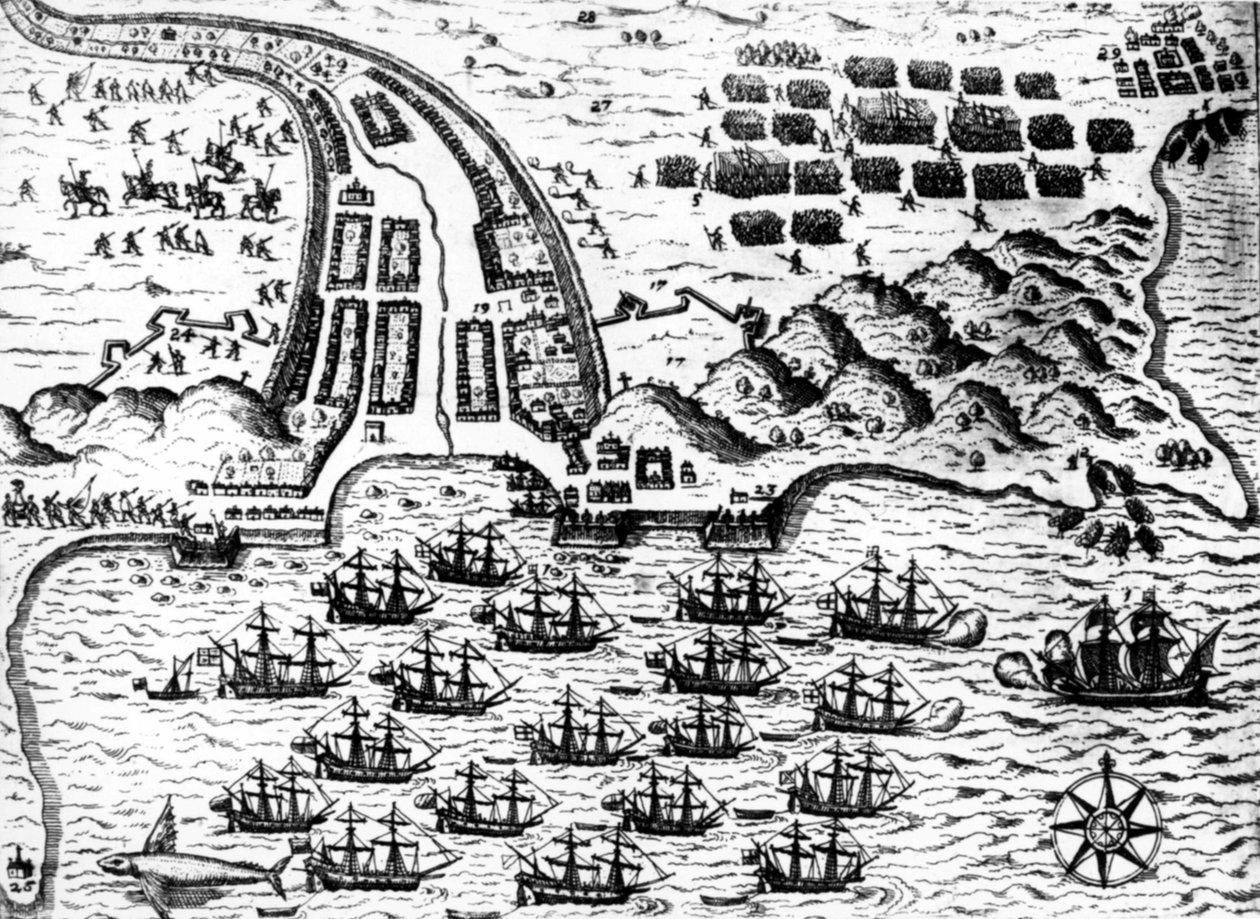 Drake erobrede båden "" Saint Giacomo"" på øen Capo Verde i 1585 af De Bry af Theodore de Bry