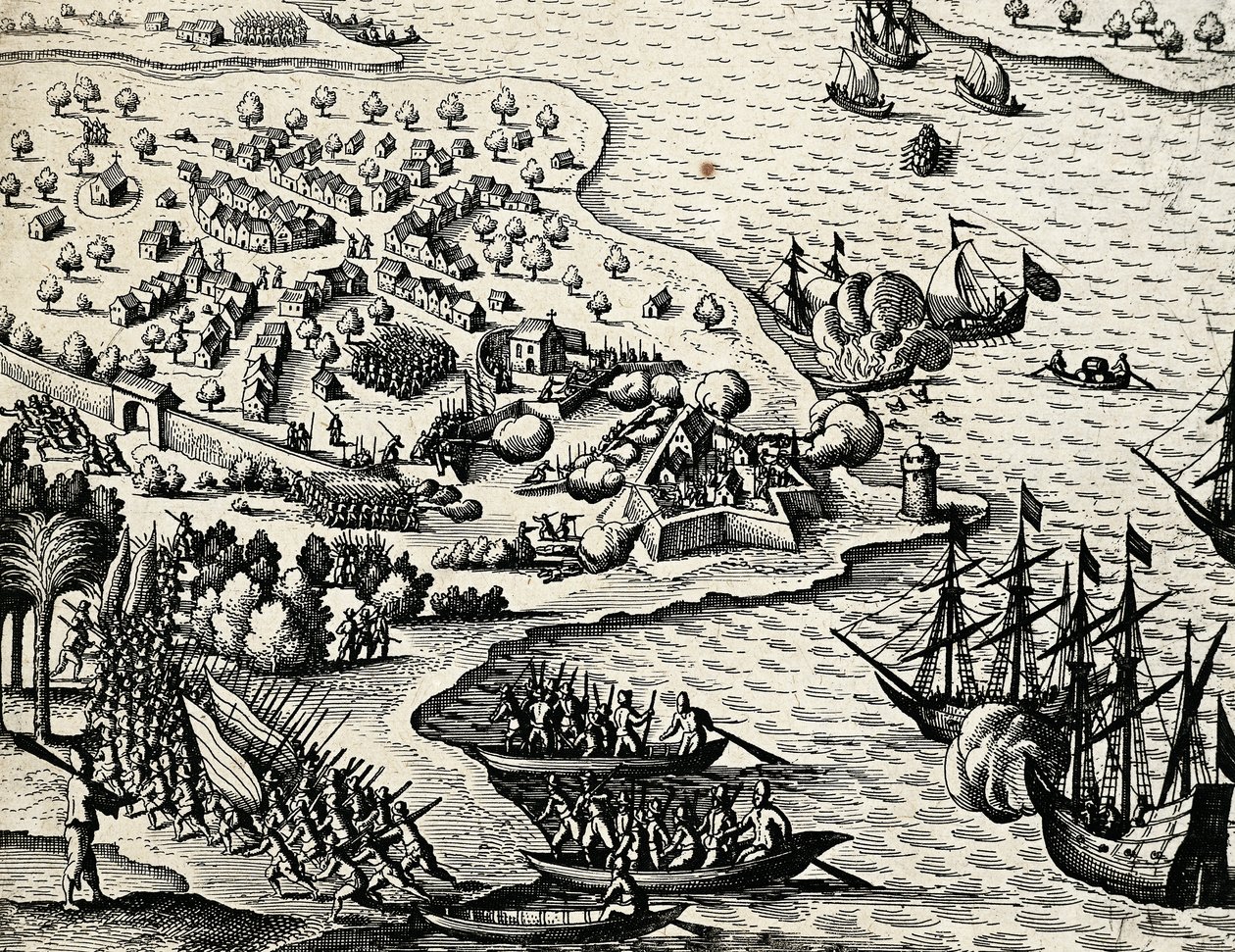 Hollandsk ekspedition langs Mozambiques kyst, gravering fra India orientalis af Theodor de Bry (1528-1598) af Theodore de Bry