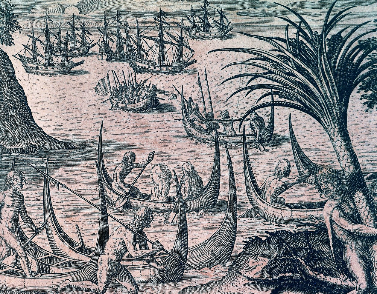 Hollandske skibe i Magellan-strædet, gravering fra amerikansk historie af Theodore de Bry (1528-1598), Frankfurt af Theodore de Bry