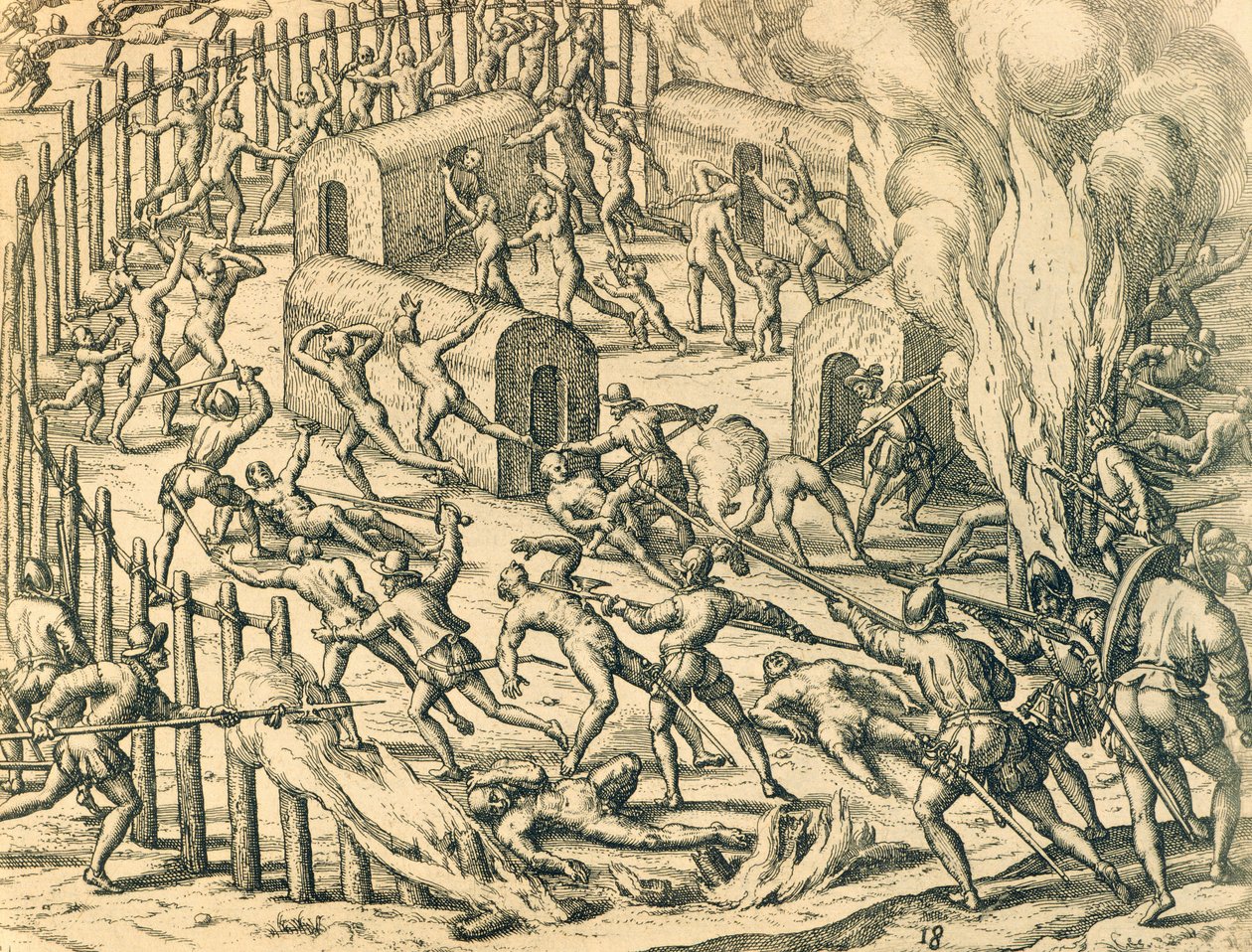 Europæiske Erobrere, der angriber en indisk landsby, Illustration fra amerikansk historie af Theodore de Bry af Theodore de Bry
