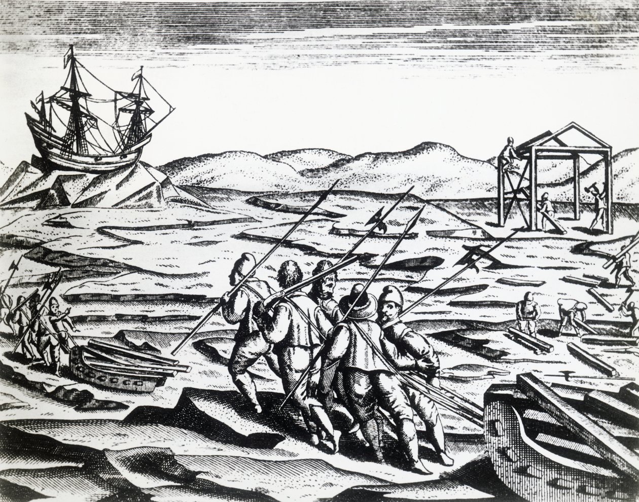 Ekspedition ledet af William Barents (ca. 1550-1597) på jagt efter Nordøstpassagen, fra Peregrinationes, af Theodor de Bry (1528-1598), gravering af Theodore de Bry