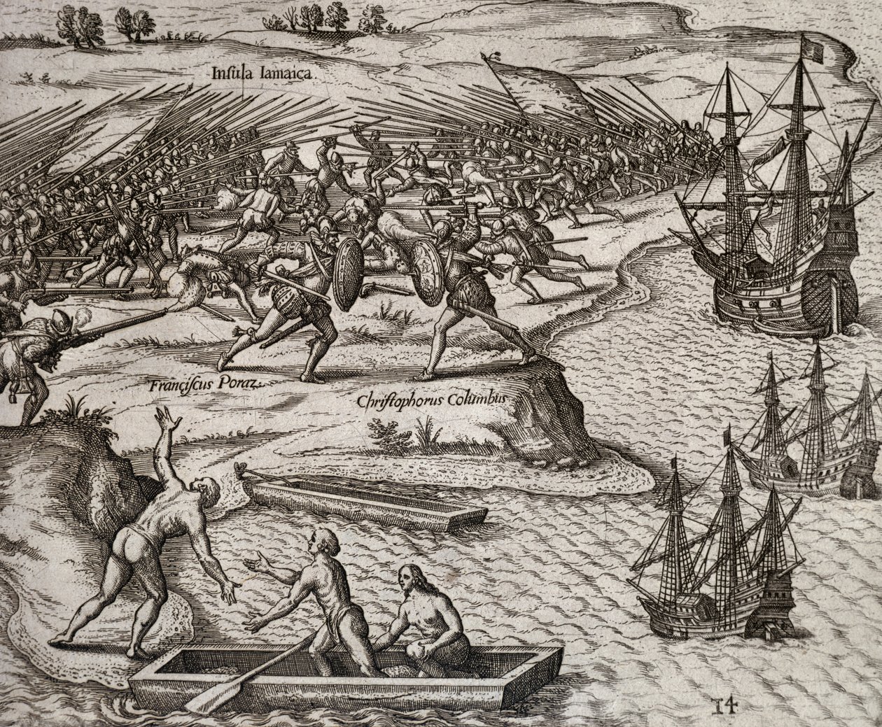Kamp mellem Christopher Columbus og Francesco Poresio i Jamaica, gravering af Theodor de Bry (1528-1598) af Theodore de Bry