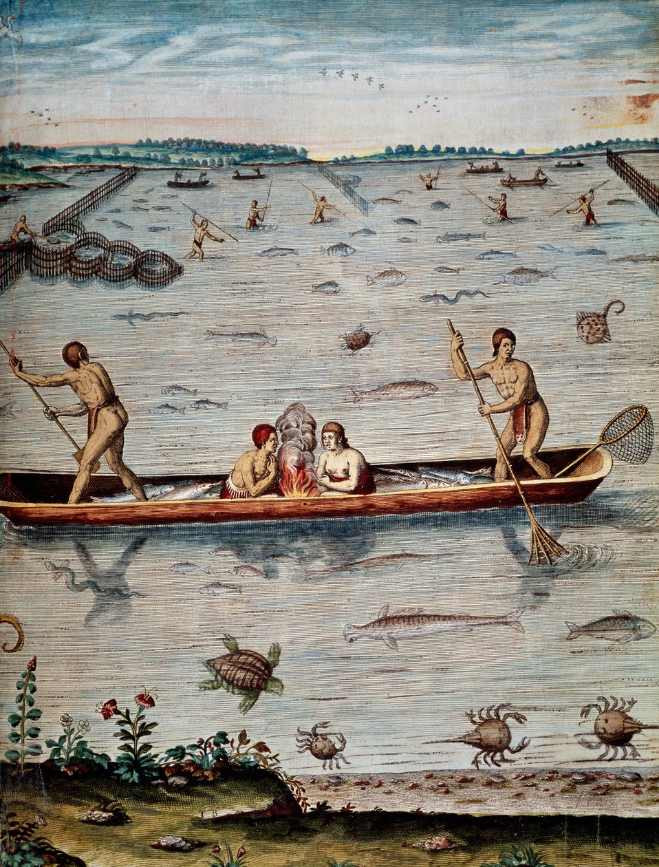 Fisketeknikker for de indfødte i Virginia, gravering af Theodor de Bry (1528-1598) fra Admiranda narrative trust tamen, commodis et de incolarvm ritibvs Virginae af Theodore de Bry