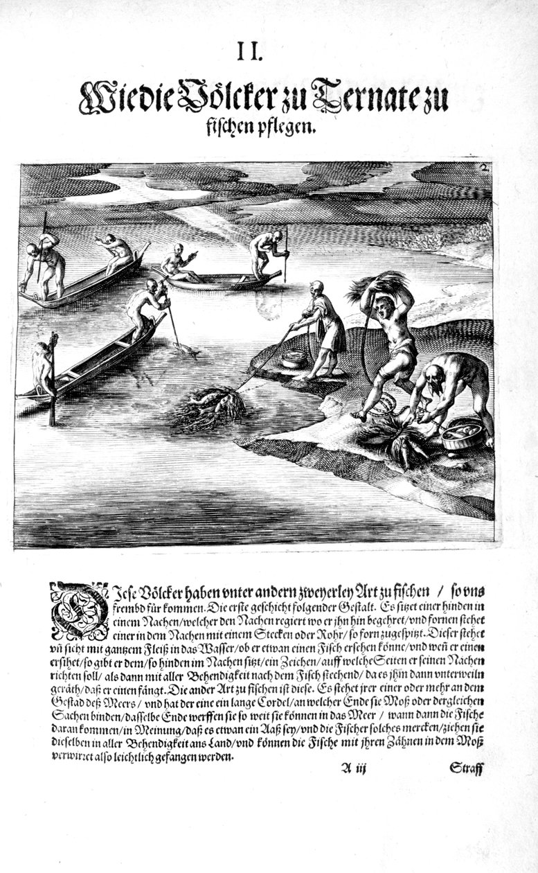 Fiskeri med indianere, 1606 af Theodore de Bry